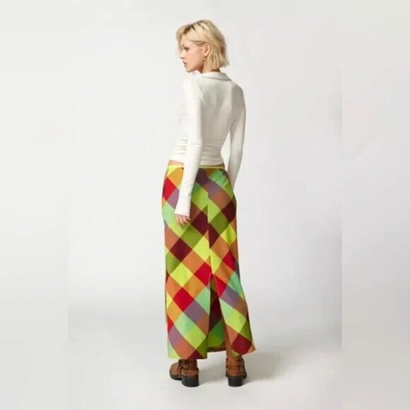 BDG Urban Outfitters Janelle Printed Plaid Red Green Midi Skirt S - Picture 2 of 7